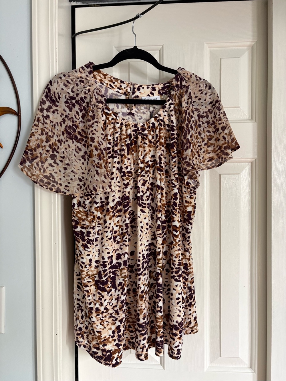 Calvin Klein Cream Brown & Purple Printed Short Sleeve Blouse